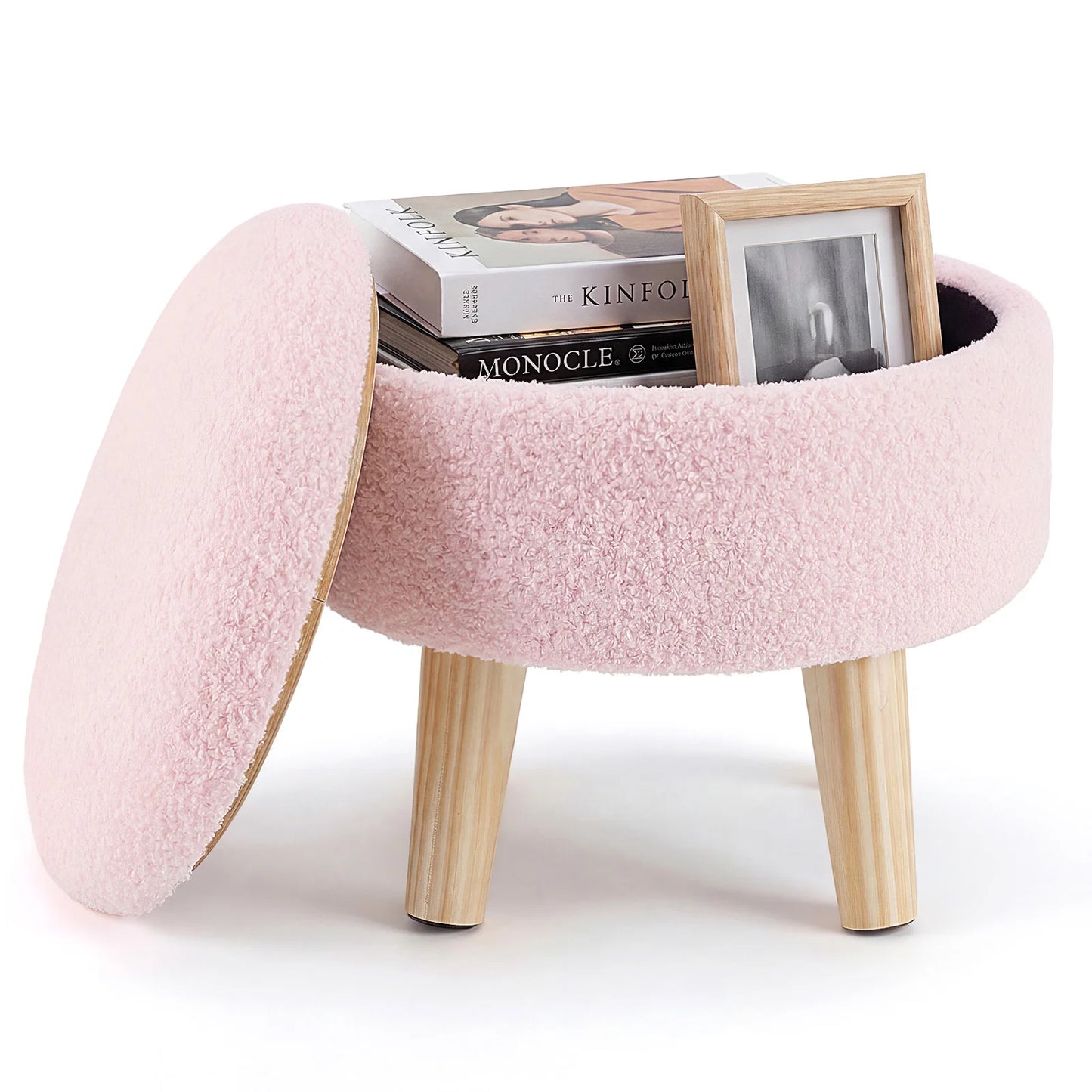 JHK Round Storage Ottoman Stool Teddy Velvet Padded Seat Footstool with Hidden Storage Wood Legs for Living Room Bedroom