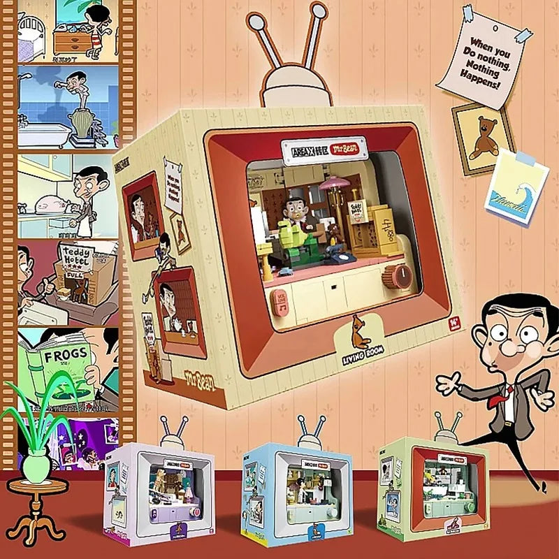 4 IN 1 Mr.Bean House Building Blocks Creative Anime Apartment Model Bricks Desktop Decoration Puzzle Toy For Kids Exquisite Gift