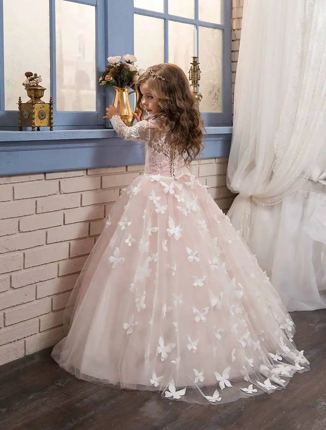 Girls Blush Pink Long Sleeve Lace Illusion Neckline 3D Butterfly Appliqué Tulle Flower Girl Dress With Train For Wedding Party