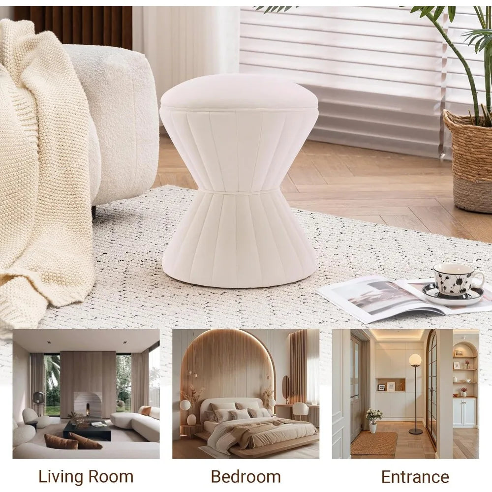 Versatile Velvet Ottoman, Upholstered Vanity Stool, Durable Round Footstool for Various Rooms, Beige