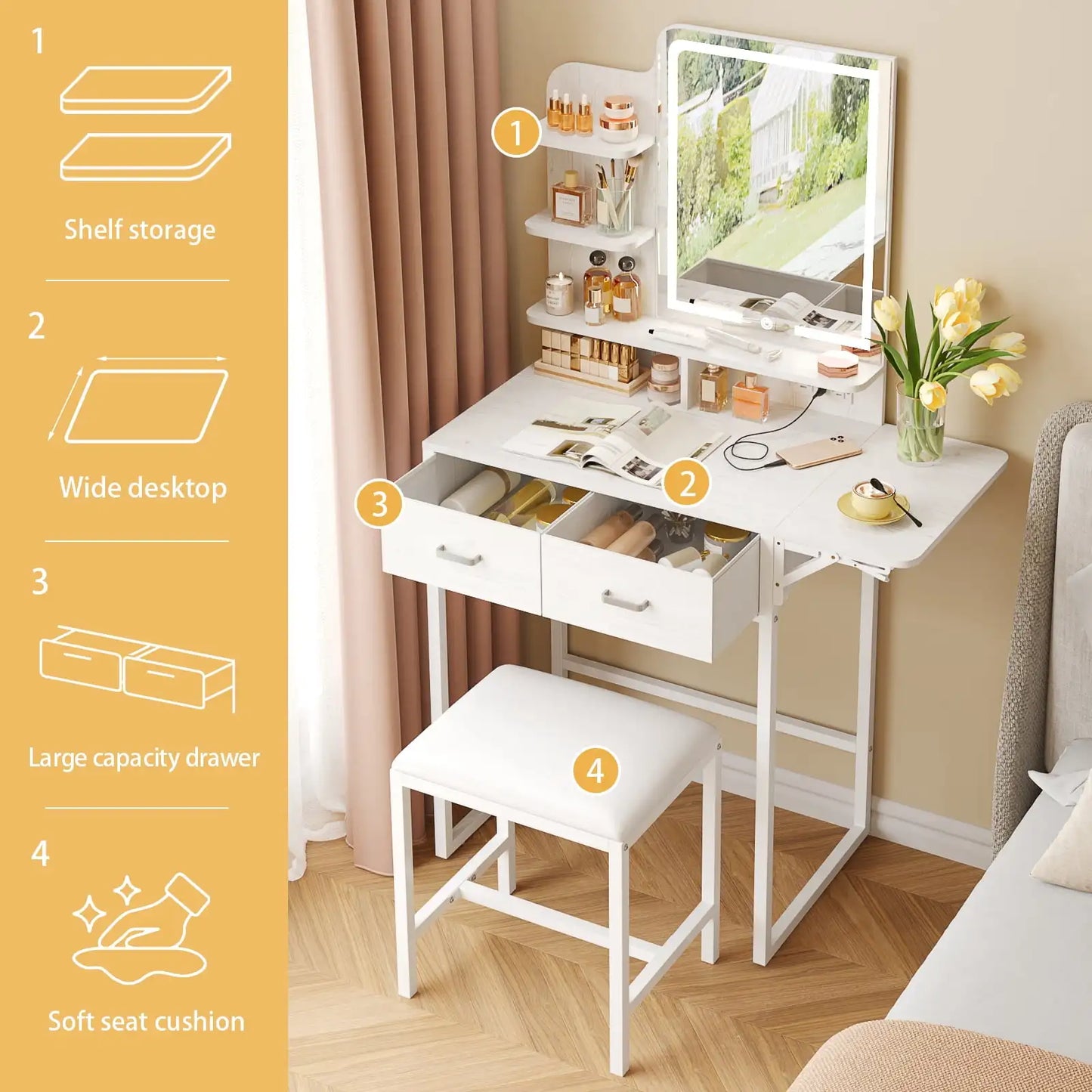 Fairy White Makeup Vanity Desk with Mirror, Lights, Power Outlet, Chair & Storage Drawer