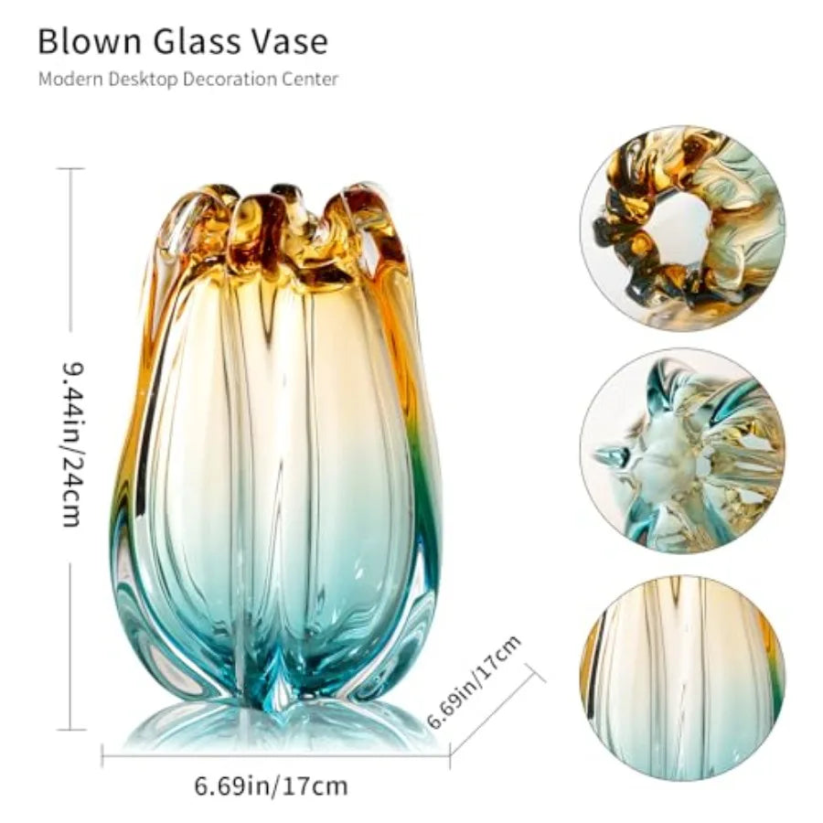 Hand Blown Glass Flower vases, Unique Glass vases, Wide Mouth vases, Small Modern Art Deco Glass vases for Home Living Room