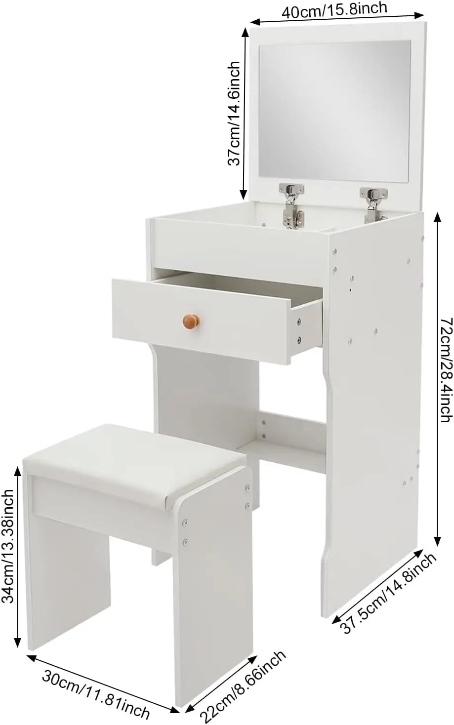 White 2-in-1 Flip Top Mini Vanity Desk Set, Makeup Table with Mirror, Drawer & Padded Stool, Multi-Purpose Corner Bedroom Vanity Nightstand