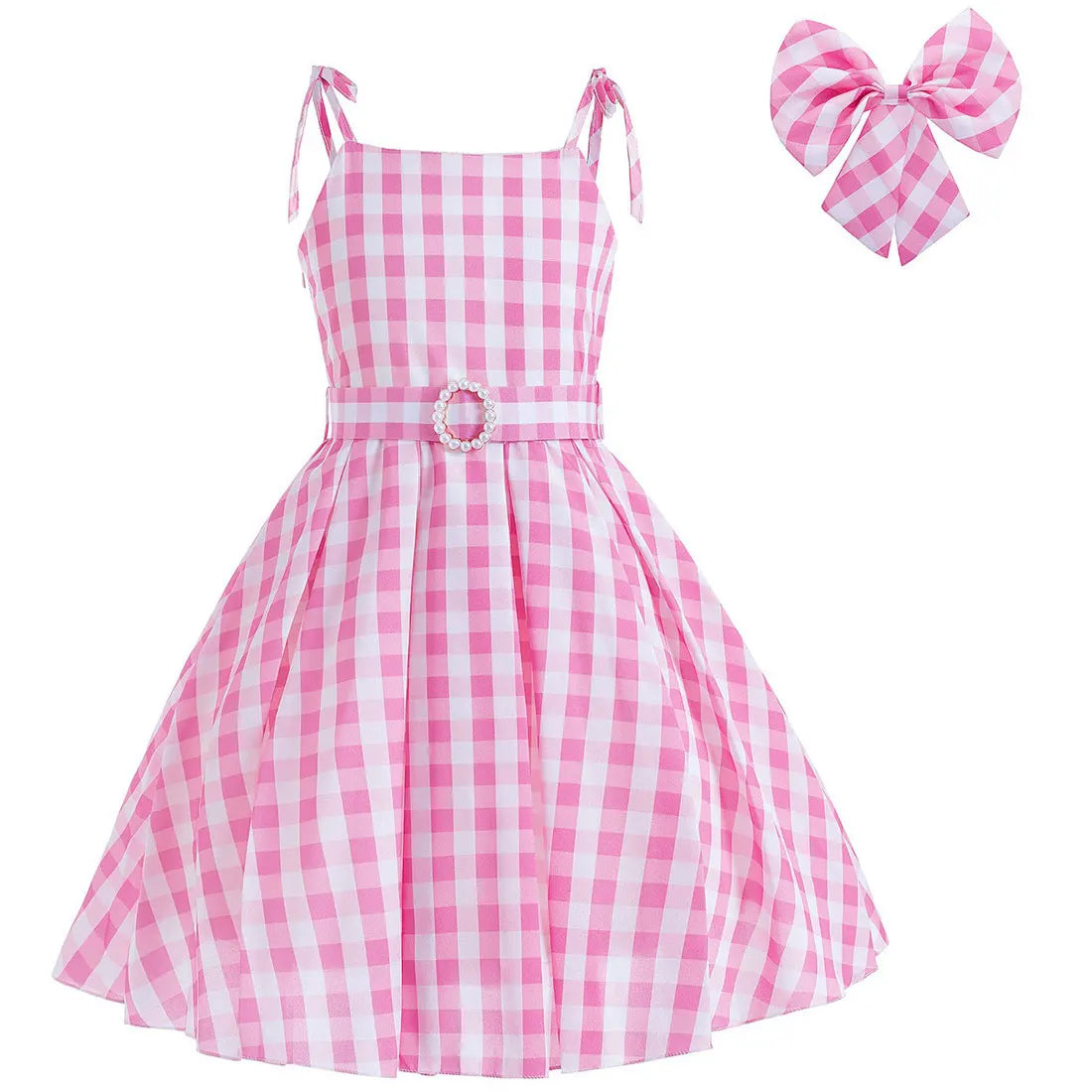 Halloween Hot Movie Margot Robbie Role Play Baby Pink Dress Girl Cowboy Look Dress Summer Sleeveless Plaid Slim Strap Dress Set