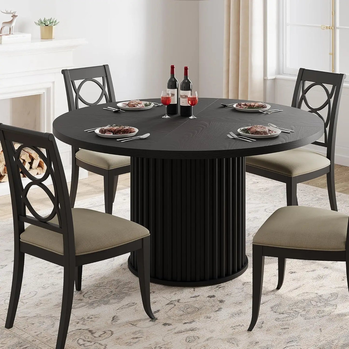 47.24 Inch Black Round Dining Table For 4 To 6 People Modern Fluted Barrel Base Made Of MDF And PB Sturdy Circle Dining Room Furniture And Kitchen Table