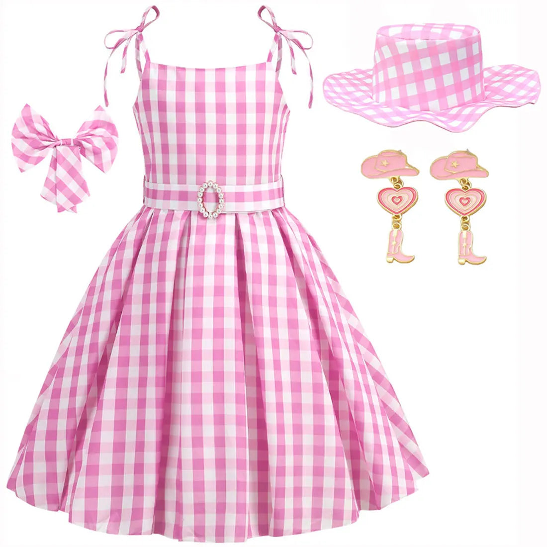 Halloween Hot Movie Margot Robbie Role Play Baby Pink Dress Girl Cowboy Look Dress Summer Sleeveless Plaid Slim Strap Dress Set