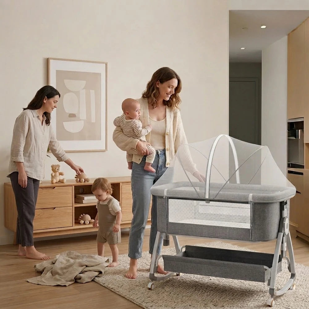 Baby Bassinet, 3-in-1 Bedside Sleeper with Mosquito Net, 7 Adjustable Heights, Portable Folding Infant Crib with Wheels,
