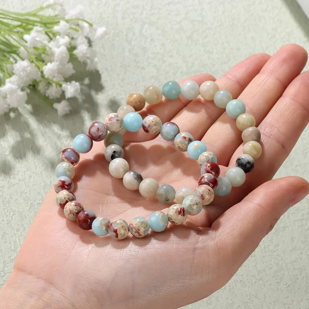2Pcs Colorful Natural Stone Bead Bracelet Set 8MM Natural Agates Turquois Amethysts Quartzs Gem Stretch Bangle Jewelry Gift