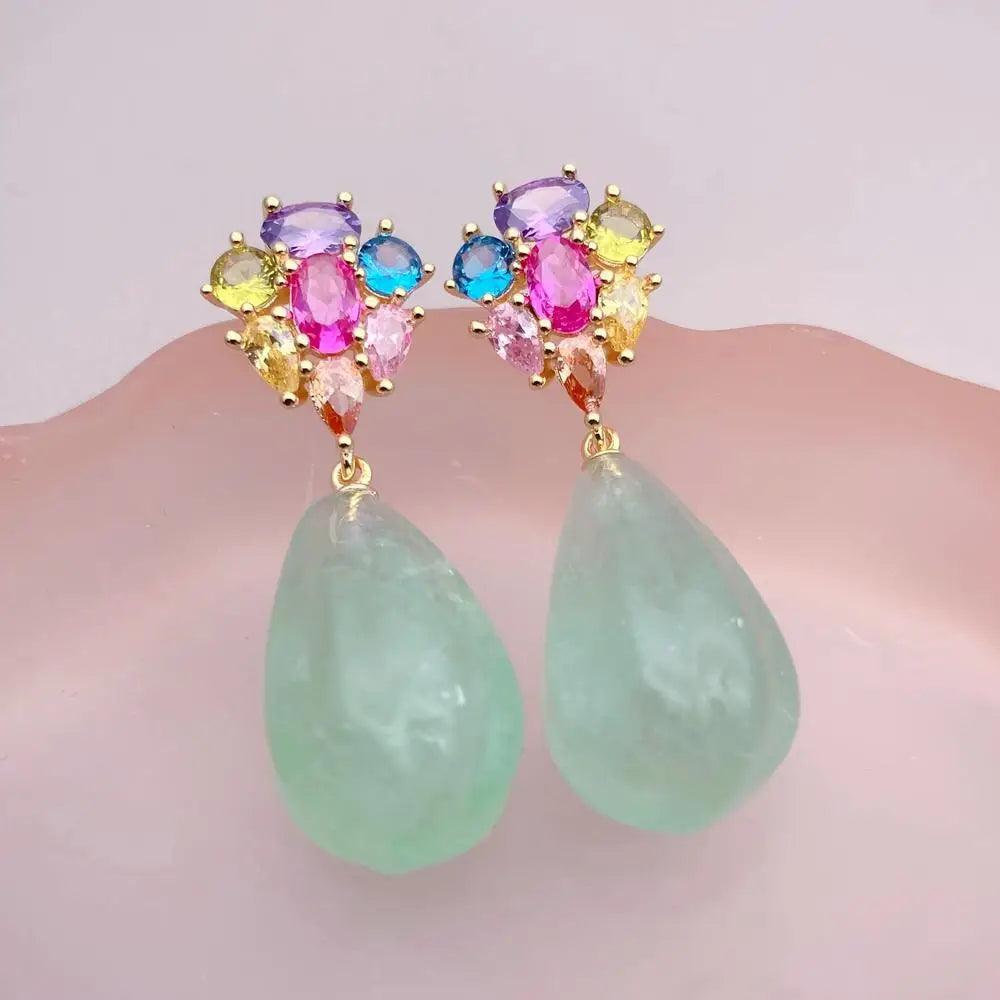YYGEM 14x23mm Natural Green Fluorite Teardrop Cz Pave Stud Dangle Earrings