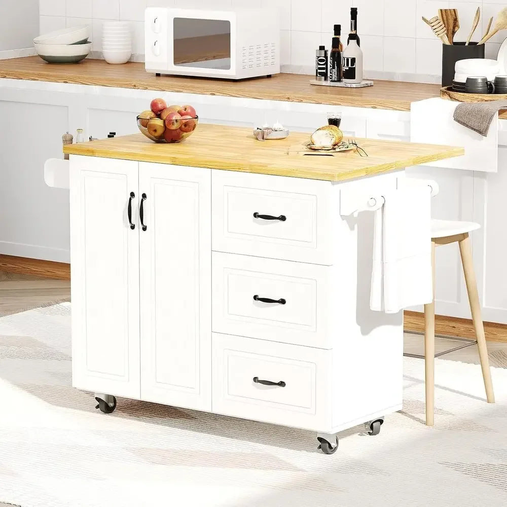 Kitchen Island with Storage on Wheels, Rolling Kitchen Island with Spice Rack & Towel Rack, Portable Island Table or Kitchen, Wh