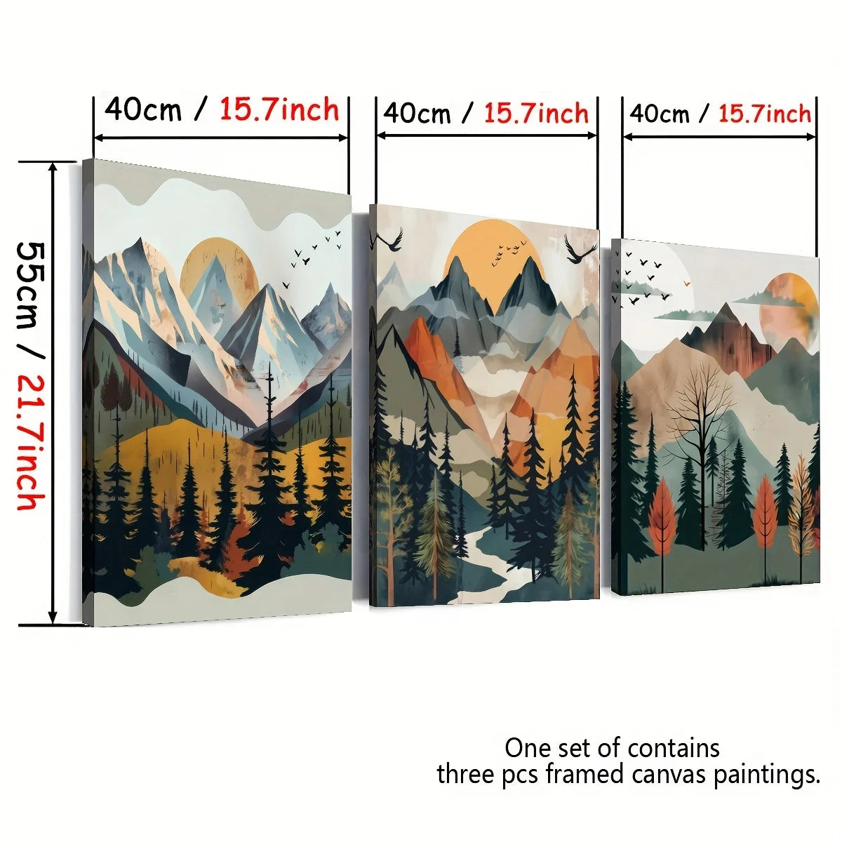 Abstract Mountain Landscape 3-Piece Wood Framed Canvas Wall Art Set, Scenic Nature Decor for Living Room Bedroom, Ready to Hang