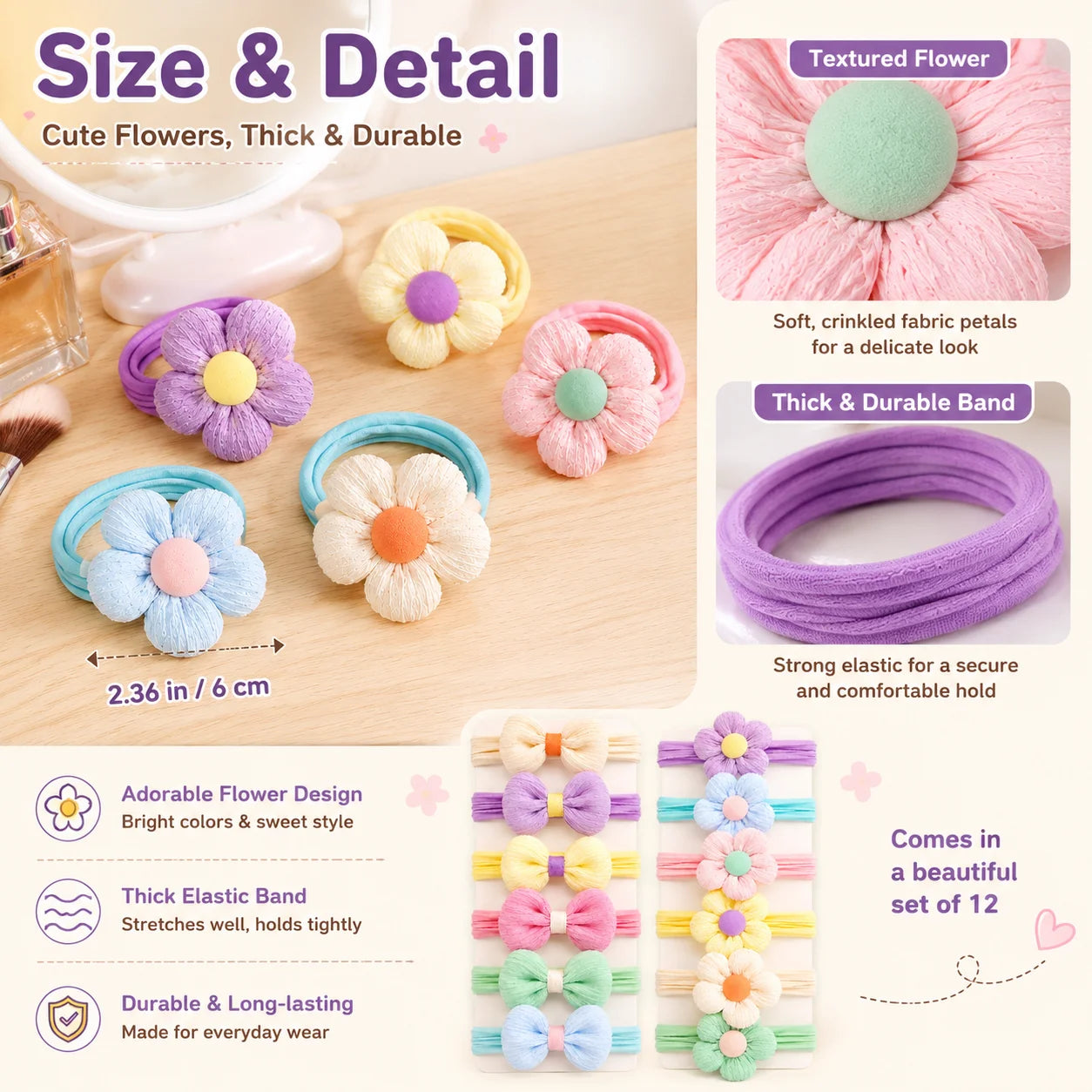 12-Pack Elastic Hair Ties for Girls Non-Damaging Hair Bands Children's Ponytail Rubber Bands Stylish Hair Accessories for Kids