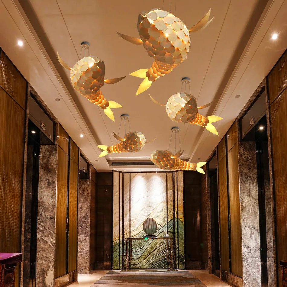 Vrygle Fish-shape Wood Ceiling Pendant Lamp Hand-woven Corridor Club Restaurant Decorative Chandeliers Lights