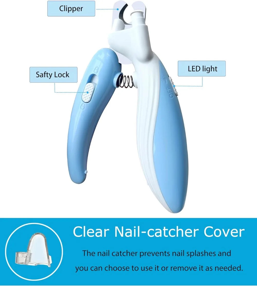 Pet Nail Clippers with Light, Illuminates Bloodline, Safety Trimmer for Dogs Cats Rabbits, Sharp Stainless Steel, No Splitting, Blue