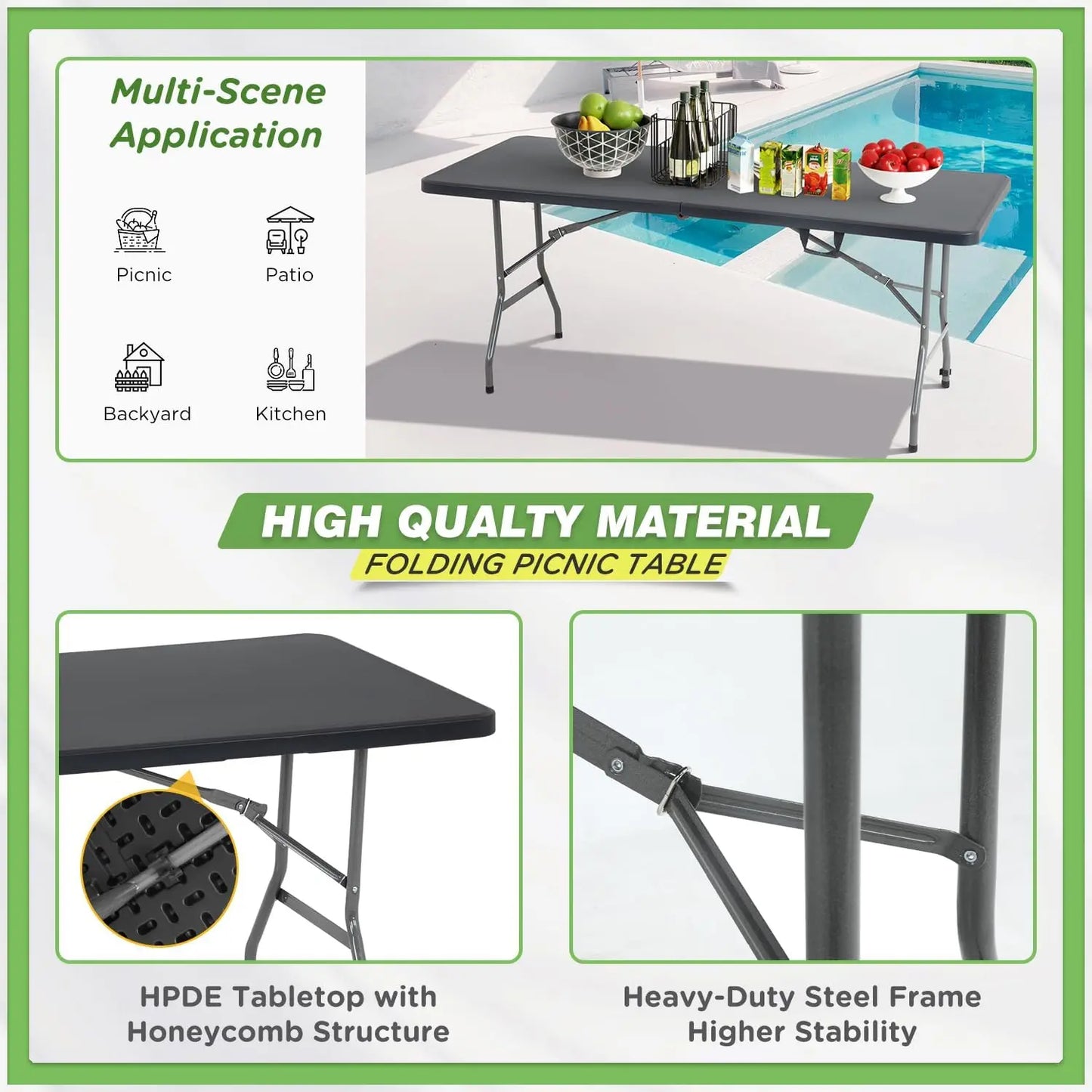 6ft Foldable Outdoor Camping Table Portable Plastic Square Dining Height for Picnic Party Backyard