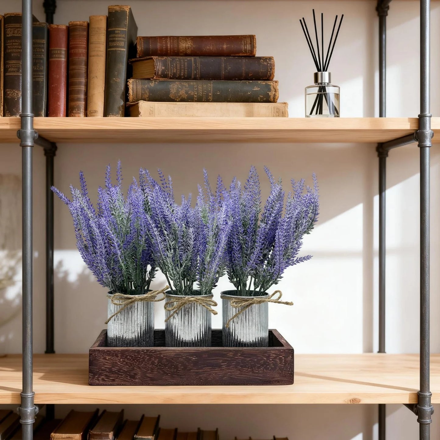3-Piece Lavender Flowers Artificial with Decorative Wood Tray Set, Small Fake Lavender Plants in Galvanized Metal Pot, Faux Plant Dining Room Table Centerpiece for Kitchen, Coffee Table & Office