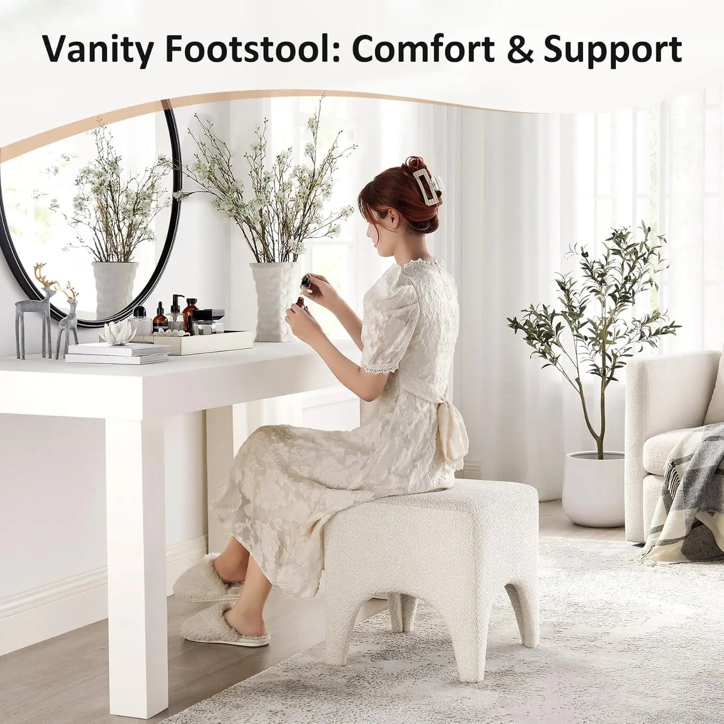 Boucle Square Ottoman Stool Upholstered Foot Rest for Living Room Bedroom Entryway Custom