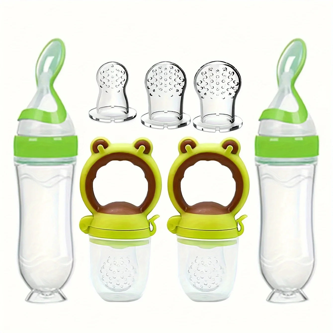 7pcs/set Baby Feeding Set: 2pcs Silicone Feeding Bottle with Spoon,Squeeze Baby Food Dispensing Feeder,2pcs Fresh Food Feeder Pacifier,3-Size Nipples, Toddler Feeding Bottle Set