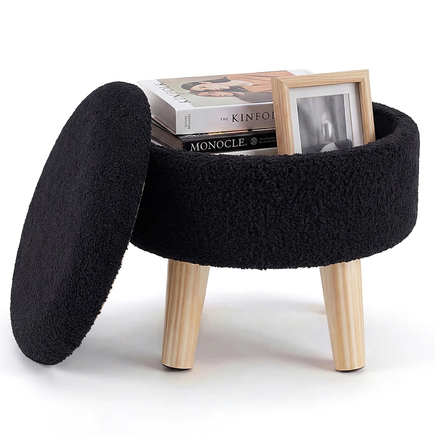 JHK Round Storage Ottoman Stool Teddy Velvet Padded Seat Footstool with Hidden Storage Wood Legs for Living Room Bedroom