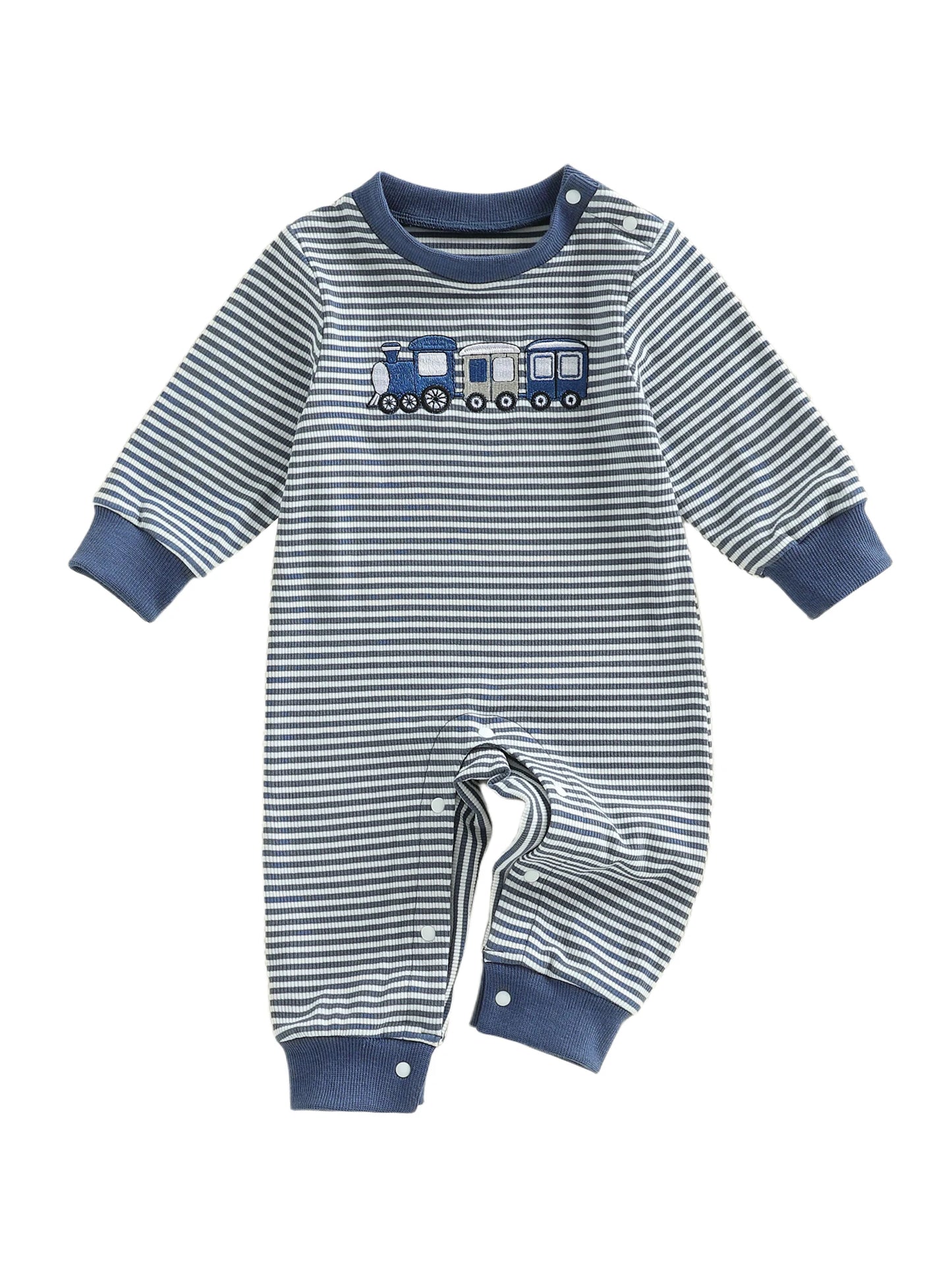 Toddler Boys Fall Striped Playsuit with Long Sleeves and Train Embroidery Comfortable Crewneck Loose Fit Romper
