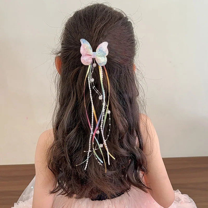 2Pc Childrens Rainbow Butterfly Sequin Hair Clip Pearl Ribbon Tassel Hair Clip Girl Braided Hair Accessory Performance Accessory Hair Clips