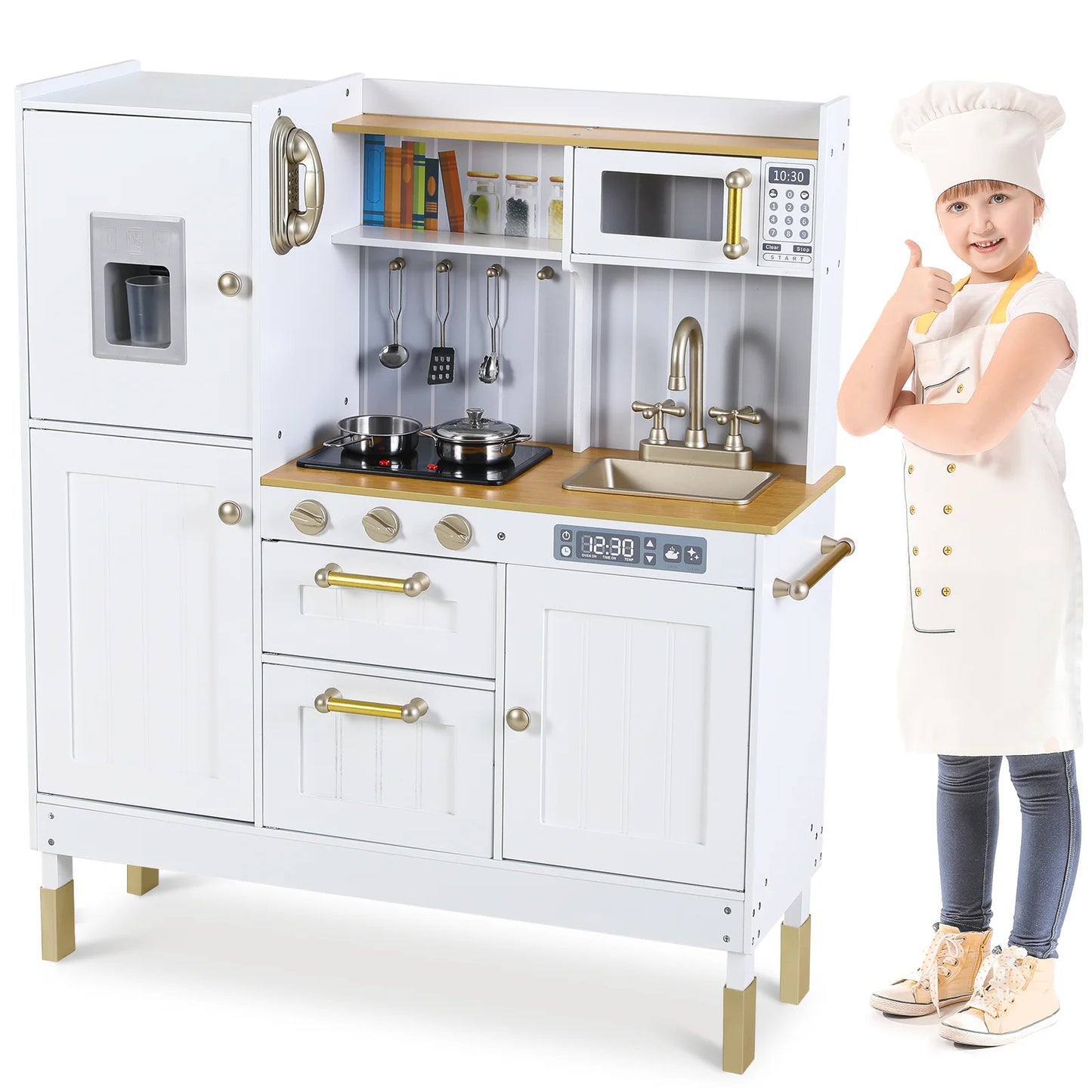 AOOU Wooden Play Kitchen for Kids, Pretend Cooking Toy Playset with Storage & Accessories, Realistic Light & Sound