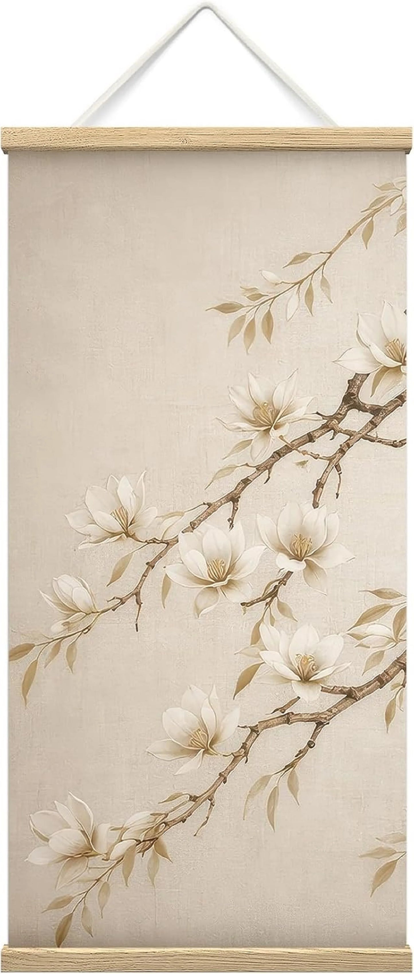 Wooden Framed Hanging Poster Oriental Neutral Magnolia Flower Branch Wall Picture Poster Artwork for Home