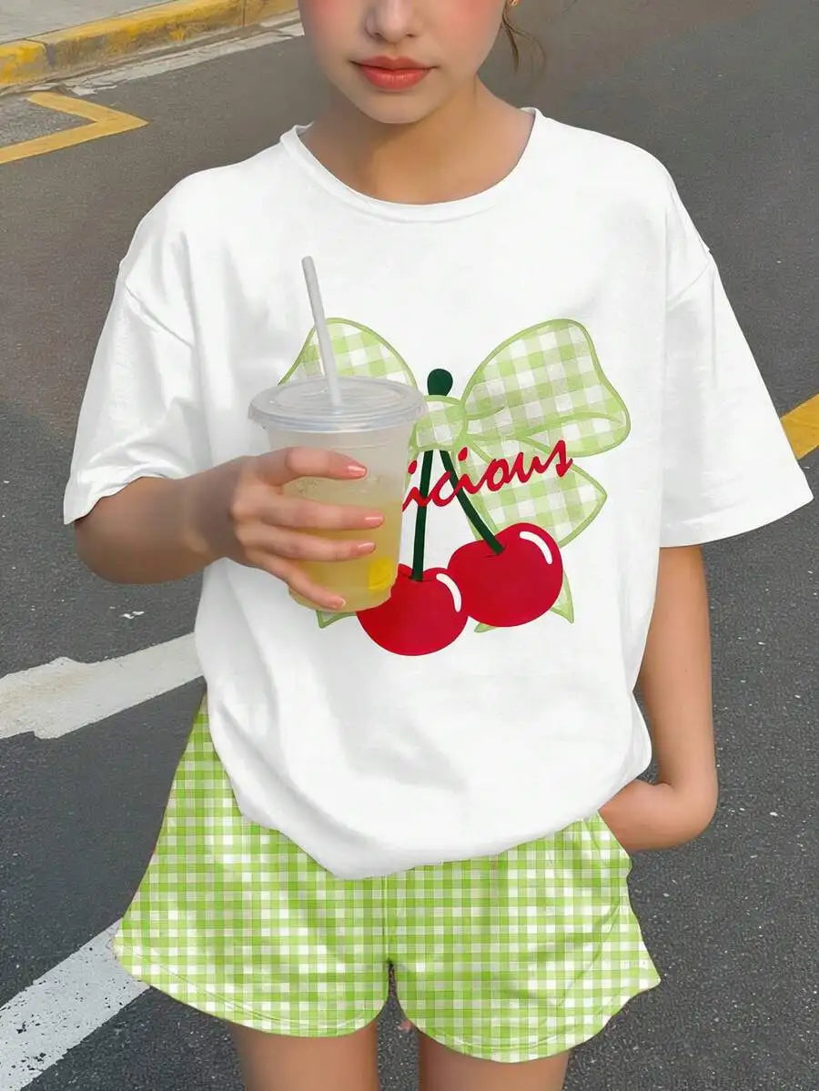 Womens Cherry Bow Print Short Sleeve T-Shirt And Plaid Shorts 2-Piece Set Summer Casual Streetwear Outfit