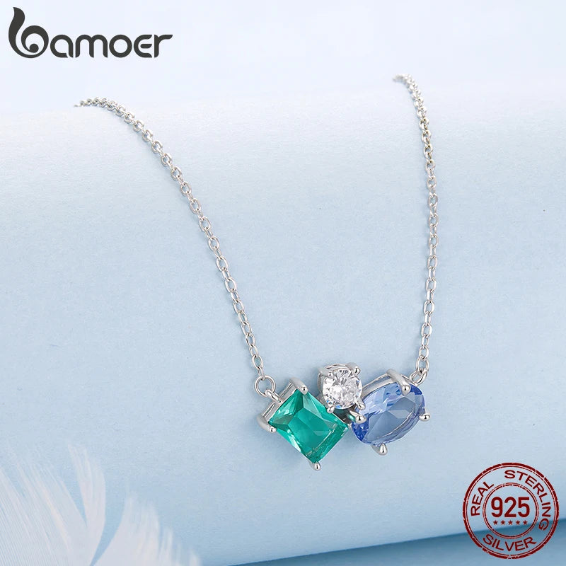 Bamoer 925 Sterling Silver Necklace Blue Green Stone  White Gold Zirconia Pendant Adjustable Chain for Women Fine Jewelry Gift