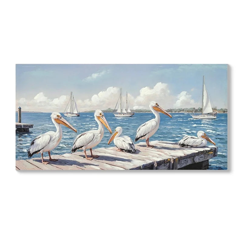 Large Blue Ocean Seagull Canvas Art for Living Room, Modern Coastal Seascape Wall Decoration, 22" x 44