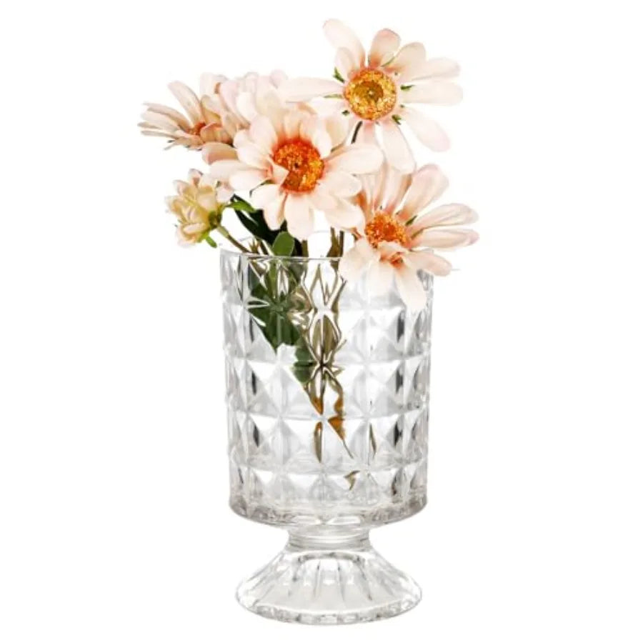 Pedestal Base Glass Vase Wide Mouth vases for Flowers, Embossed Flower Vase Decorative for Home Office Wedding Holiday Party