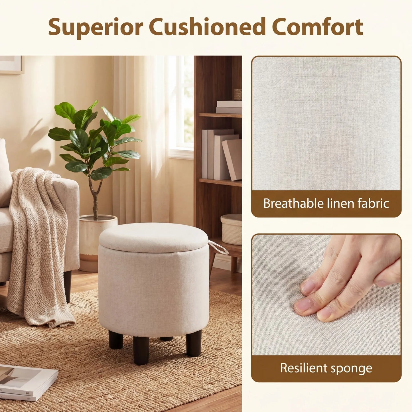 Round Storage Ottoman, Linen Fabric Upholstered Footrest Stool w/ Removable Lid