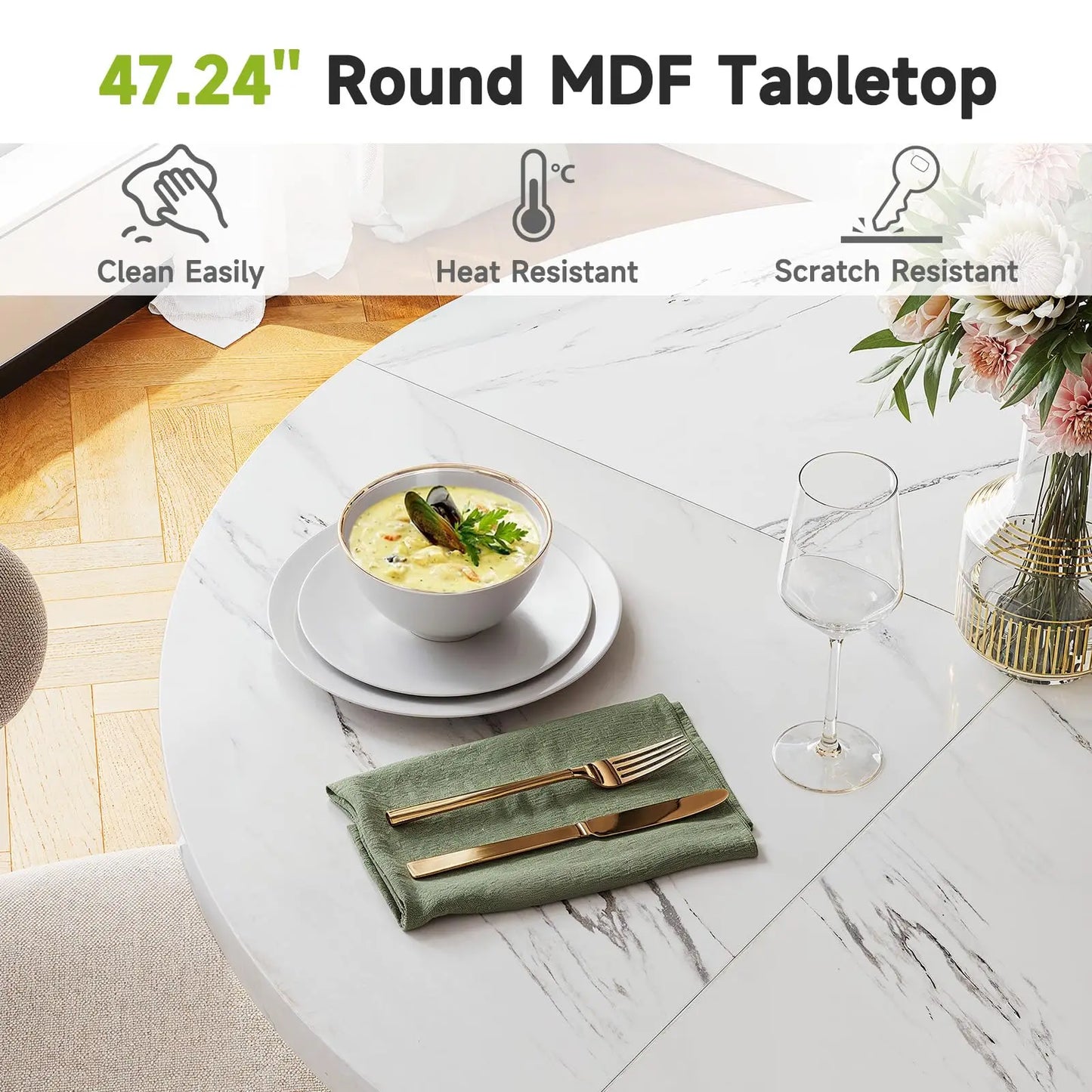 120cm Round Dining Table - Wooden Faux Marble Top & Gold Base Design - Modern Small Table for Kitchen Apartment Restaurant
