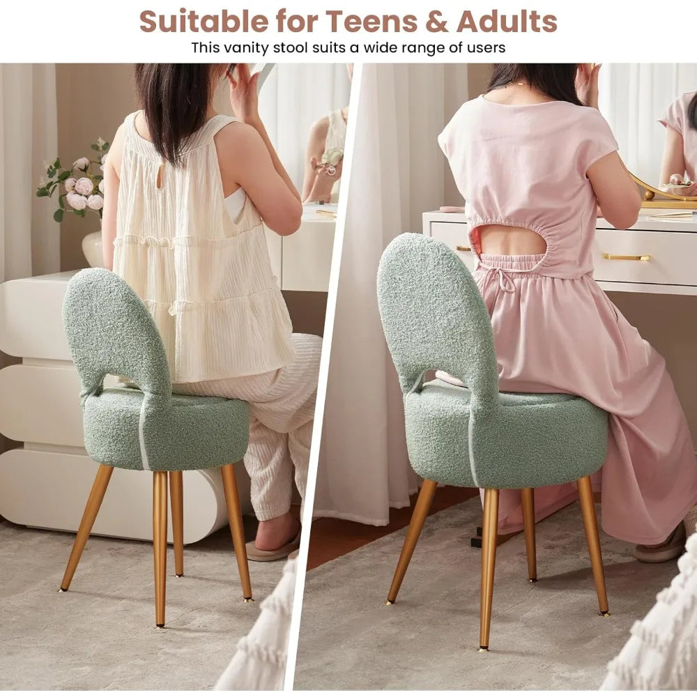 Compact Round Velvet Ottoman with Hidden Storage Foldable Backrest Metal Legs Anti Slip Feet for Bedroom Makeup