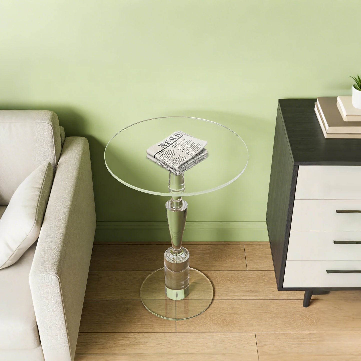 Clear Acrylic Round Side Table, End Table, 55cm/21.65in High Nightstand Pedestal Table for Living Room, Bedroom, Balcony, Used As a Coffee Table, a Nightstand, a Corner Table, Capacity: 20kg/44.09 lbs