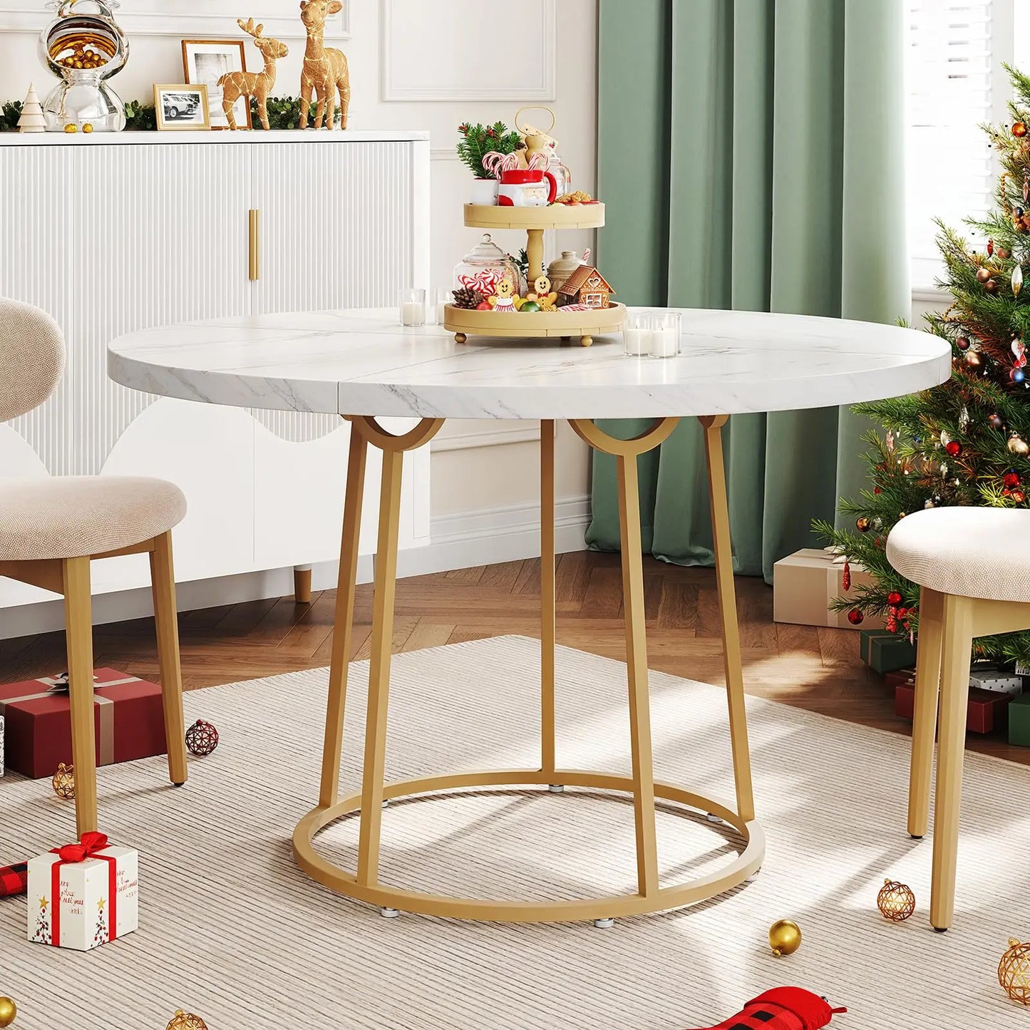 120cm Round Dining Table - Wooden Faux Marble Top & Gold Base Design - Modern Small Table for Kitchen Apartment Restaurant