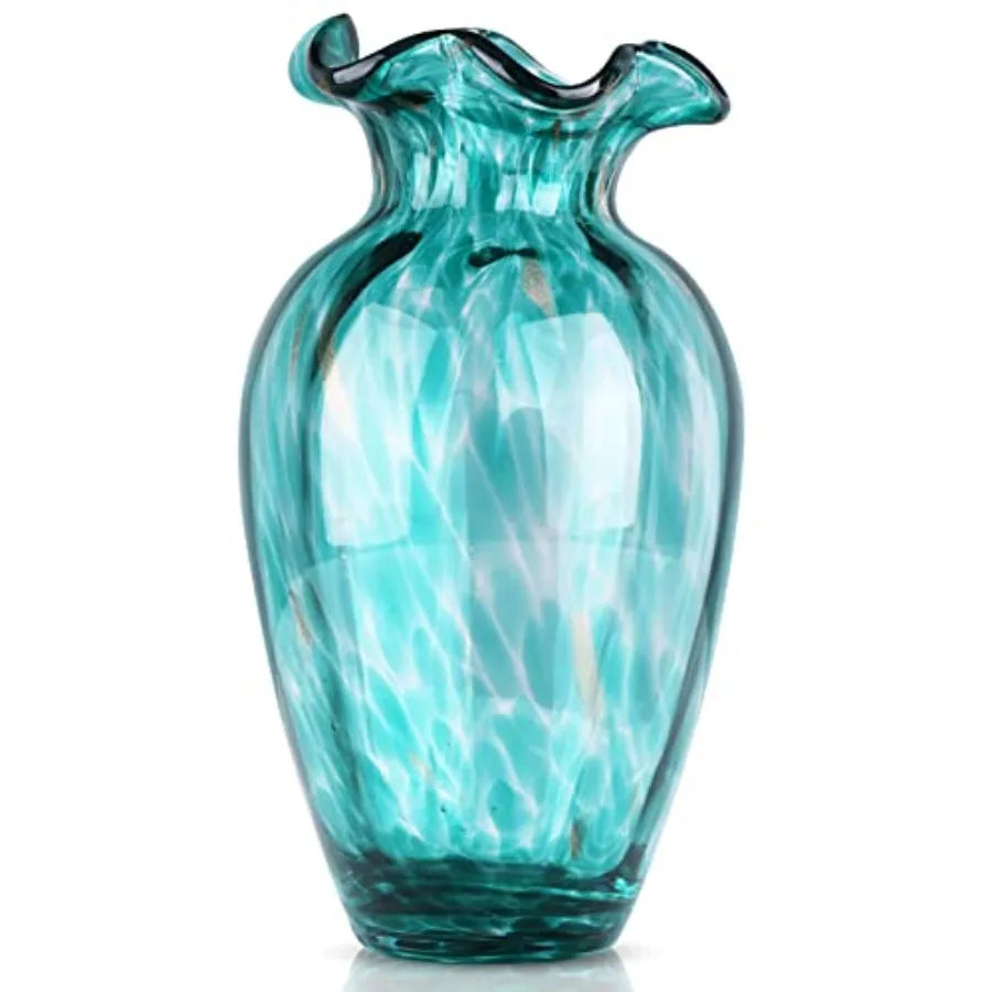 Blown Glass vase, Green Glass vase, Modern Art vase, Wide Mouth vase for Living Room Wedding Table Office centerpieces with Flo