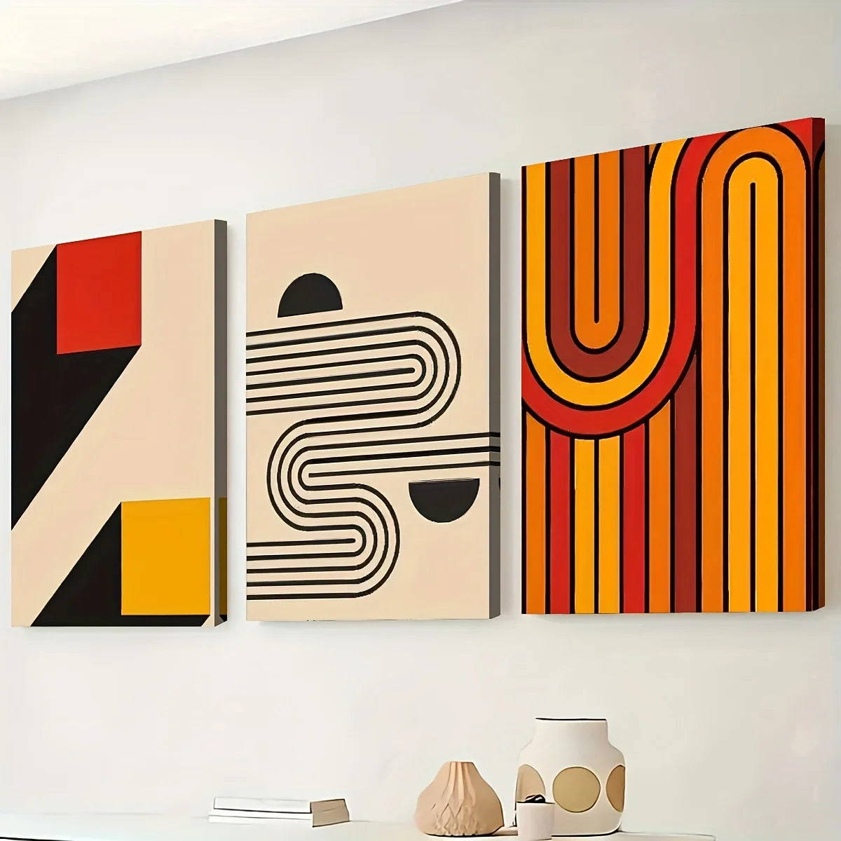 Bohemian Abstract Geometric Line 3-Piece Framed Canvas Wall Art Set, Modern Living Room Sofa Background Decorative Painting, High-Definition Giclee Prints, Ready to Hang（Local Warehouse Fast Shipping）