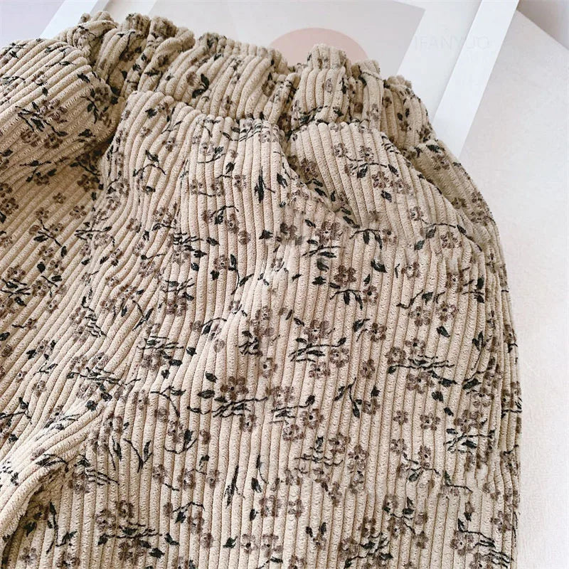 Spring Autumn Girls Korean Corduroy Floral Pants Thicken Fleece Warm Children Trousers Fashion Leopard Print Boys Pants Outwear