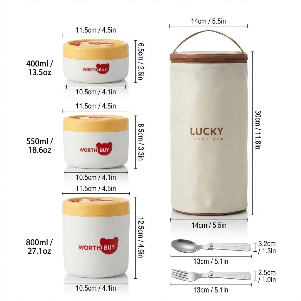 304 Stainless Steel Insulated Lunch Box With Handle Portable  Leak-proof Double Layer Bento Box For Kids Students Microwave Safe