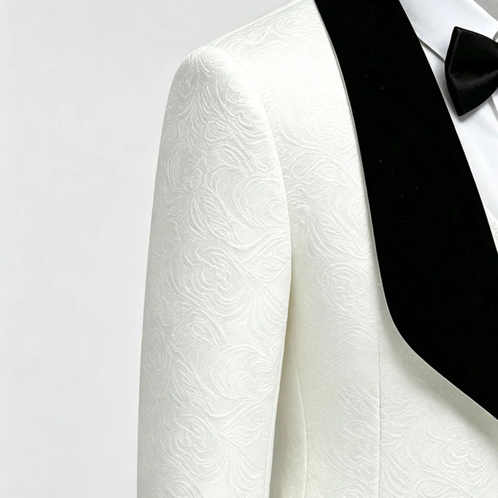 Boys White Jacquard Tuxedo Suit Black Velvet Shawl Lapel 3 Piece Kids Wedding Outfit Child Prom Graduation Stage Formal Blazer Vest Pants With Bow Tie