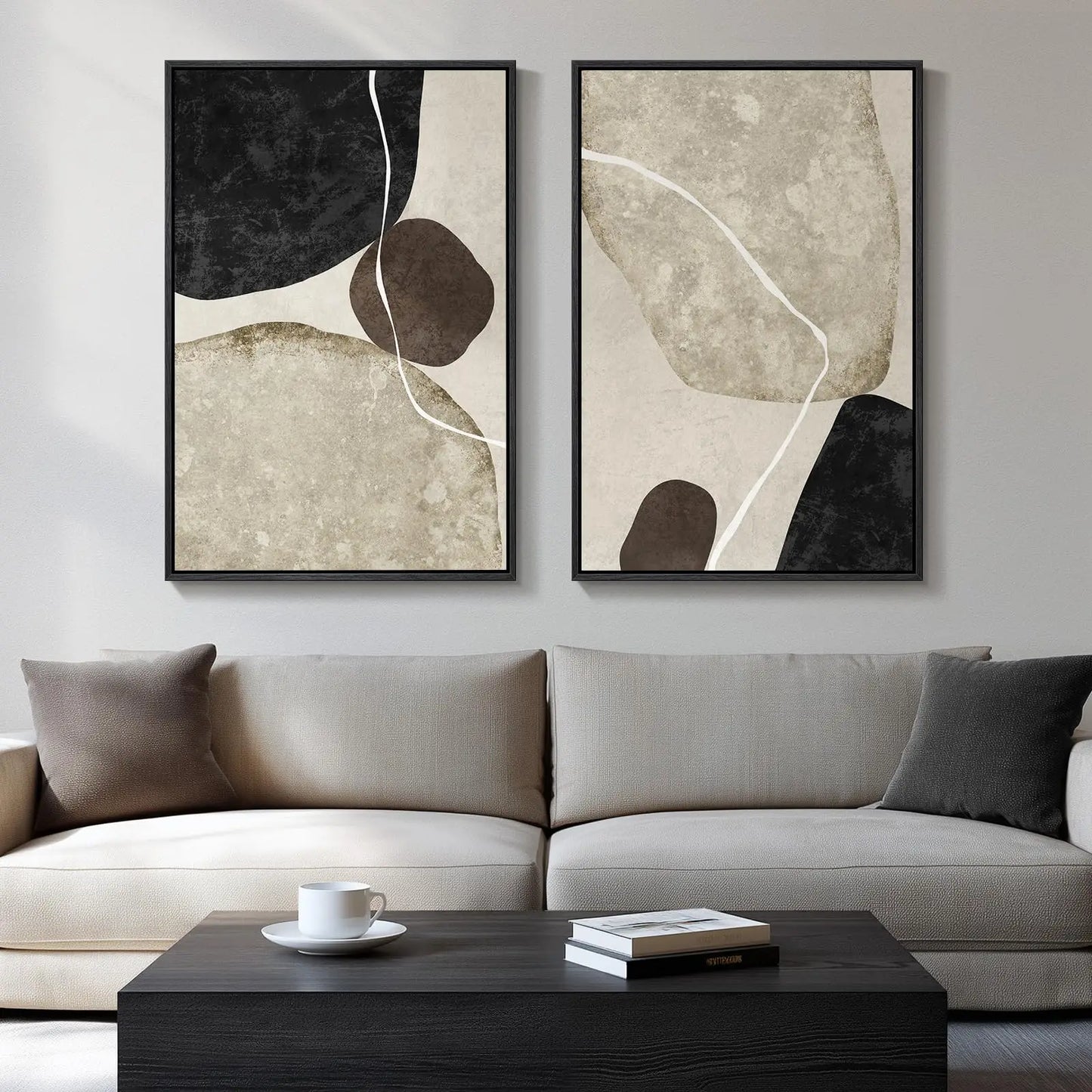 Framed Neutral Abstract Wall Art Set of 2, Black Beige Modern Canvas Prints Paintings Artwork for Walls, Minimalist Block Lines Pictures for Living Room, Dining Room, Bedroom Wall Decor 16x24 In