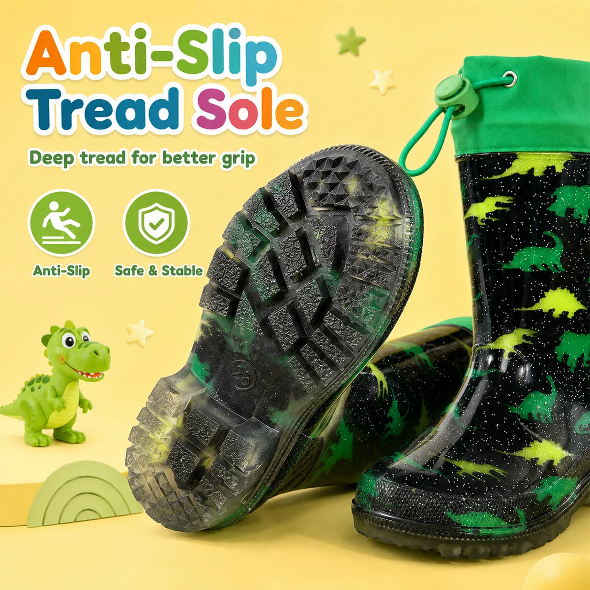 Boys Green Dinosaur Print Glitter Kids Rain Boots Adjustable Drawstring Cuff Waterproof Anti-slip PVC Children Wellies Outdoor Rain Water Shoes