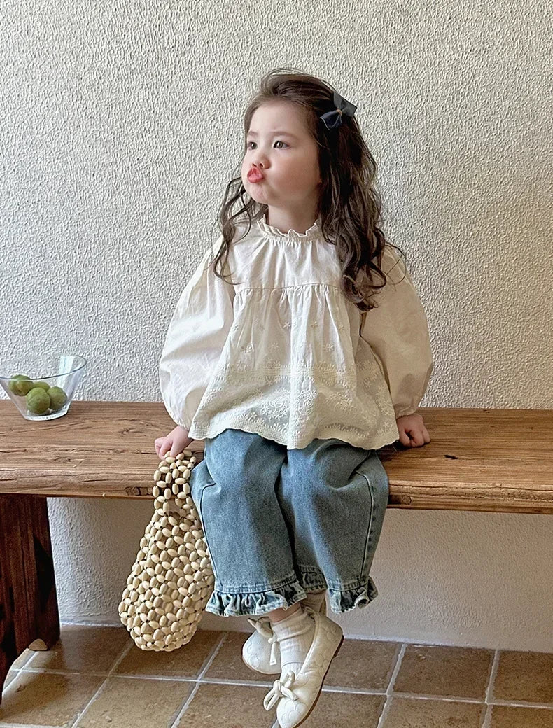 Kids Jeans Girls New 2025 Spring  Autumn Childrens Fashion Casual Wide-leg Pants Lace Princess Sweet and Lovely