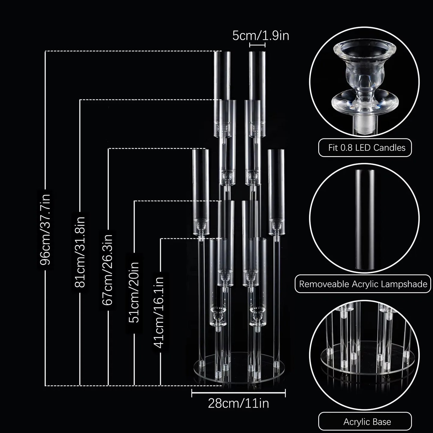 10 Arm Acrylic Candelabra Centerpieces 37.7 Inch Tall Floor Candlestick Holder with Lampshades for Wedding Table Decorations Party Event