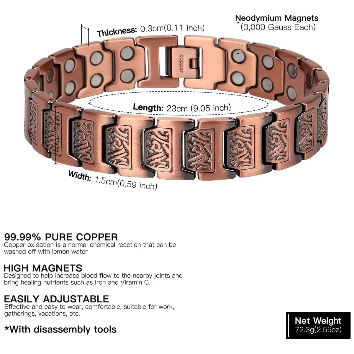 ARADOO Copper Bracelet for Men Pure Copper Neodymium Magnetic Link Bracelets Jewelry Gift
