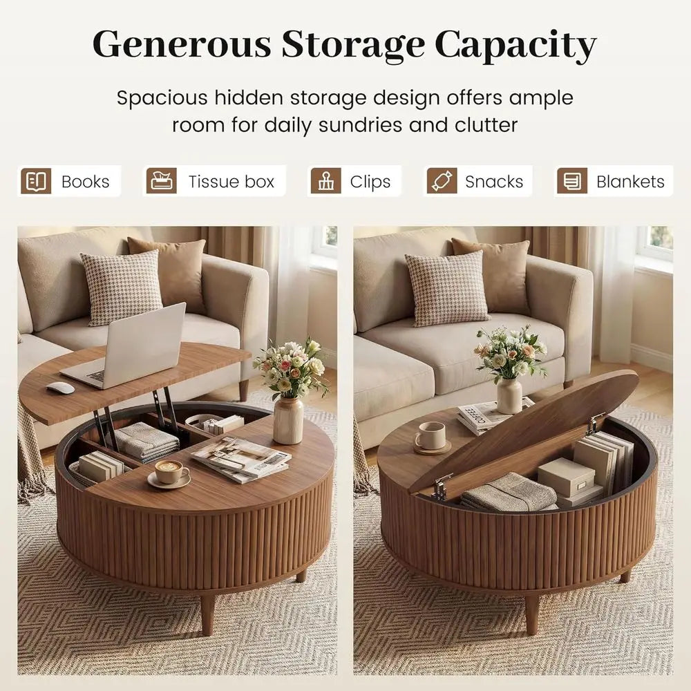 31.5" Round luted Lit Top Coee Table, Century ern Coee Table with 4 Hidden Storage, Center Table or Living Room & Home Oice & Sm