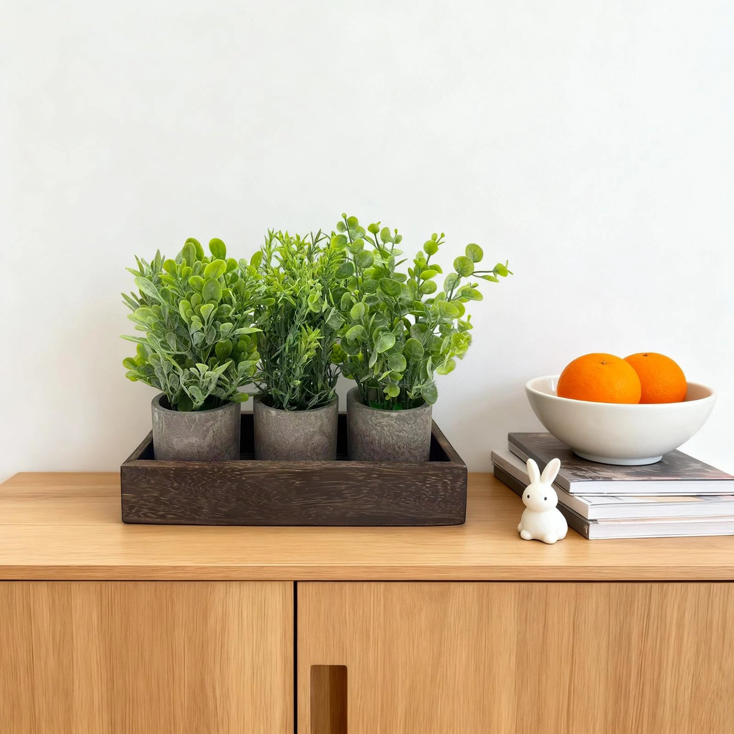 3 Pack Small Artificial Eucalyptus Potted Plants, Fake Greenery Plants in Pots with Wooden Tray, Small Farmhouse Table Centerpiece Decor for Coffee Table Dining Room Home Office