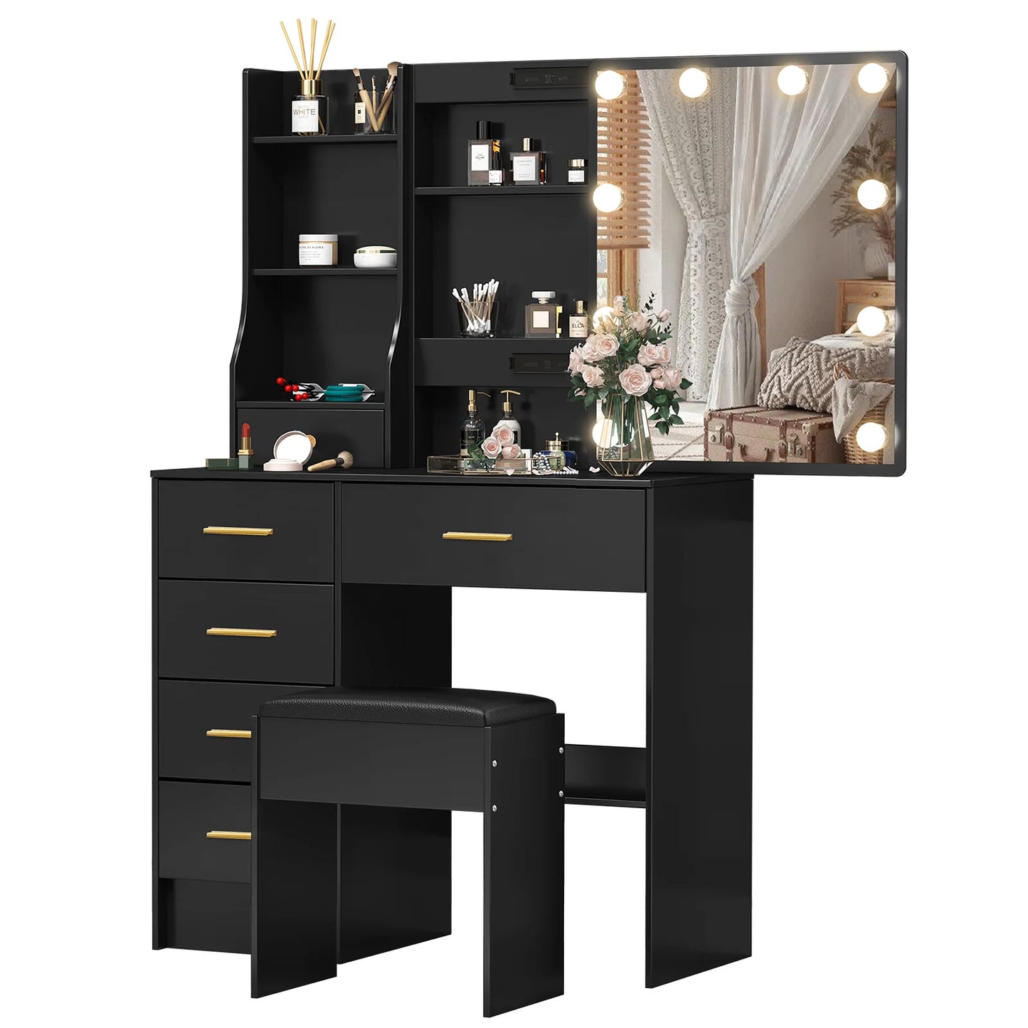 10 LED Lights Makeup Mirror Vanity Table Set with Stool, Sliding Drawers Dressing Desk for Bedroom, Beauty Cosmetic Storage Organizer