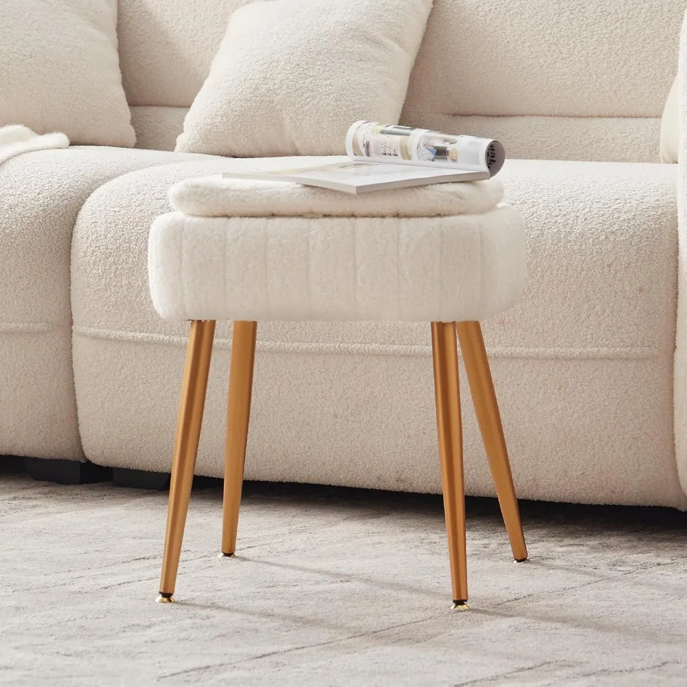 Foldable Back Velvet Vanity Chair Ottoman with Storage and Metal Legs for Dressing Living Bedroom